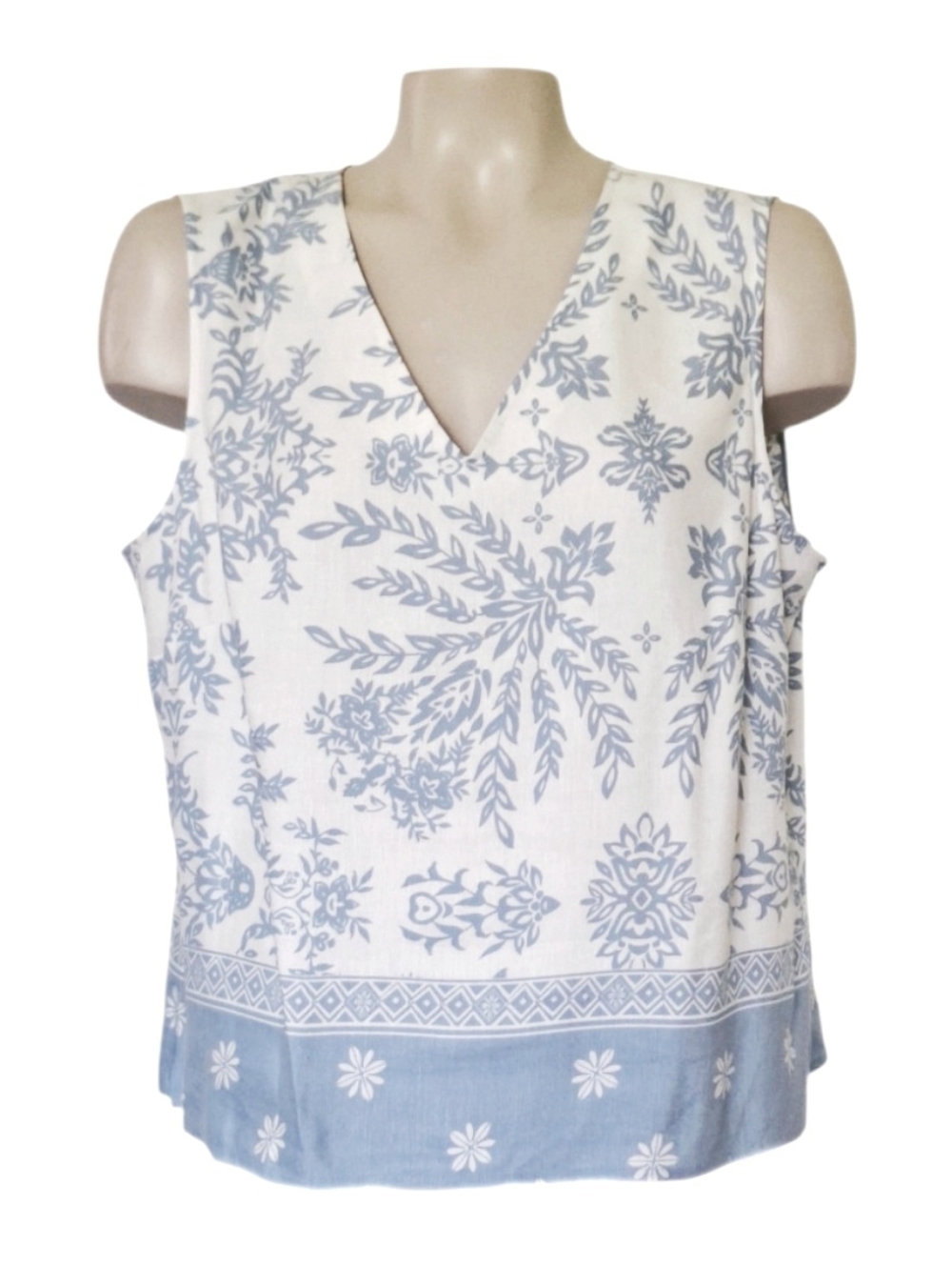 Evan Picone Linen Blend Top Size 14 Blue White Floral V-Neck Sleeveless Hip-Leng
